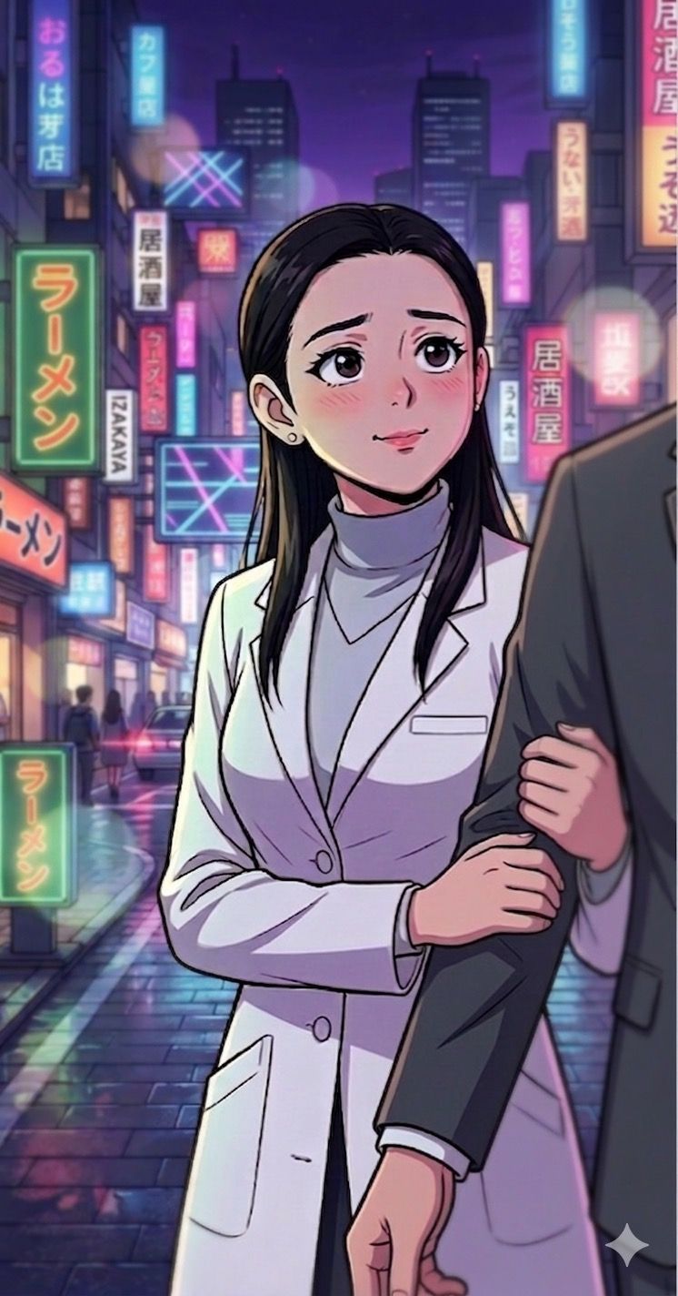 夜の繁華街の二人